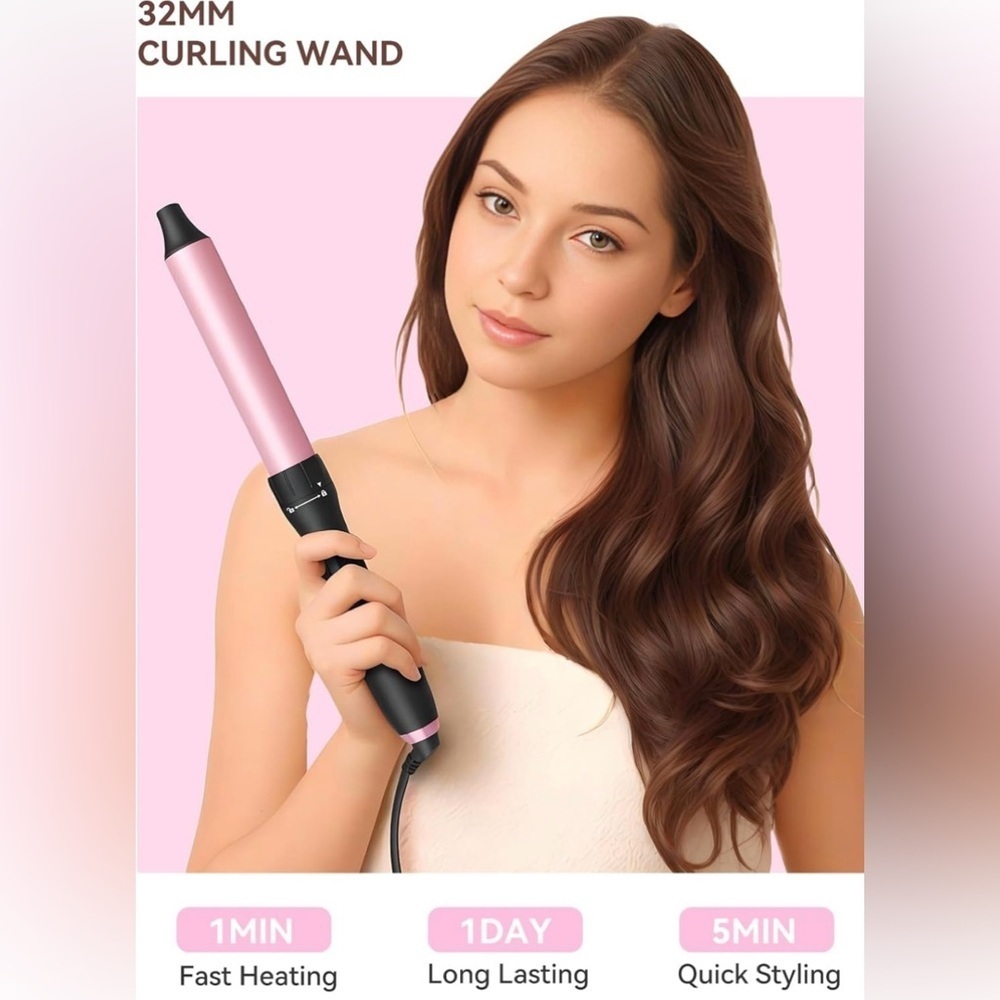 Pink Curling Wand Iron 1-1/4Inch: Clip Free Hair Curler Relaxed Curls & Beach​​​ - Picture 2 of 8